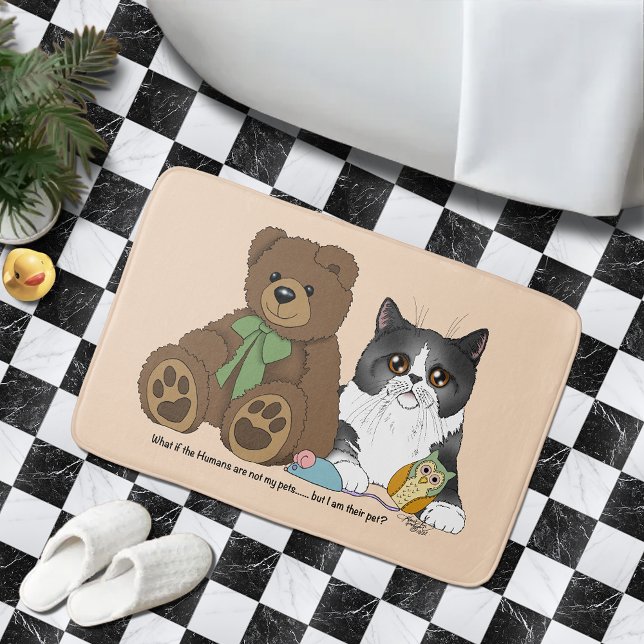 Whimsical Peach Cute Gray Cat Teddy Bear Humor Bath Mat (Creator Uploaded)