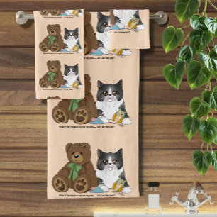 Whimsical Peach Cute Gray Cat Teddy Bear Humor Bath Towel Set