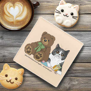 Whimsical Peach Cute Gray Cat Teddy Bear Humor Glass Coaster