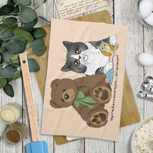 Whimsical Peach Cute Gray Cat Teddy Bear Humor Kitchen Towel