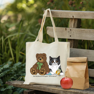 Whimsical Peach Cute Gray Cat Teddy Bear Humor Tote Bag