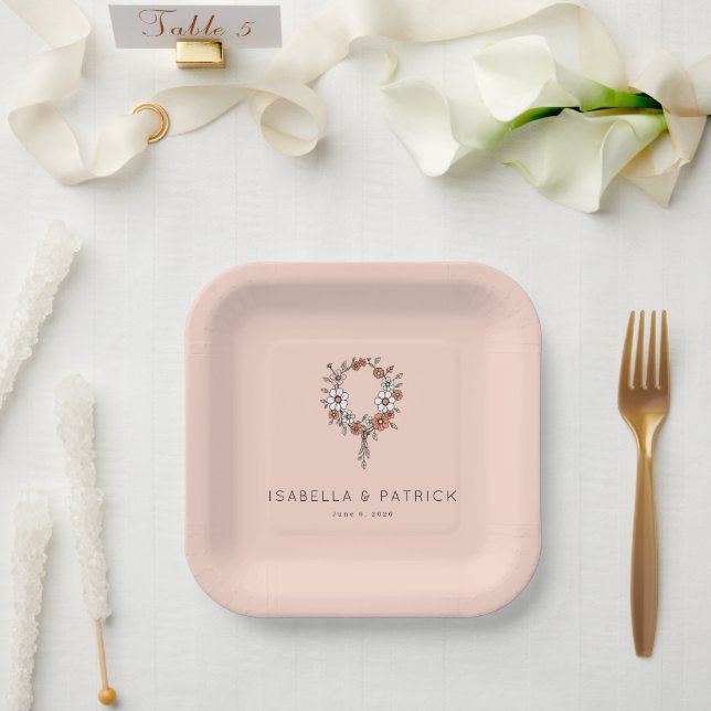 Whimsical Peach Floral Wreath Paper Plates (Wedding)