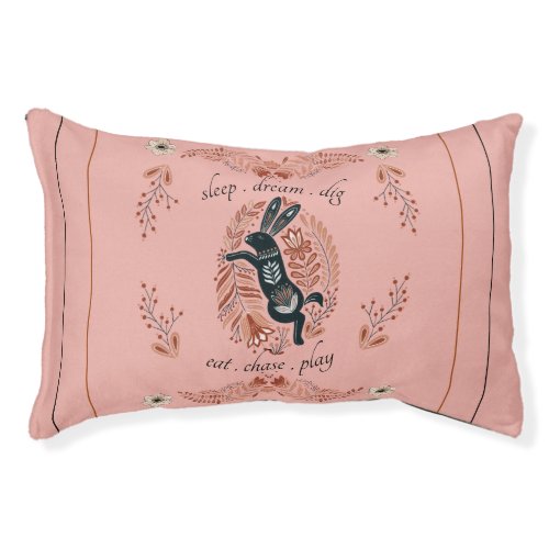 Whimsical Peach Folk Art Rabbit Quote Dog Pet Bed