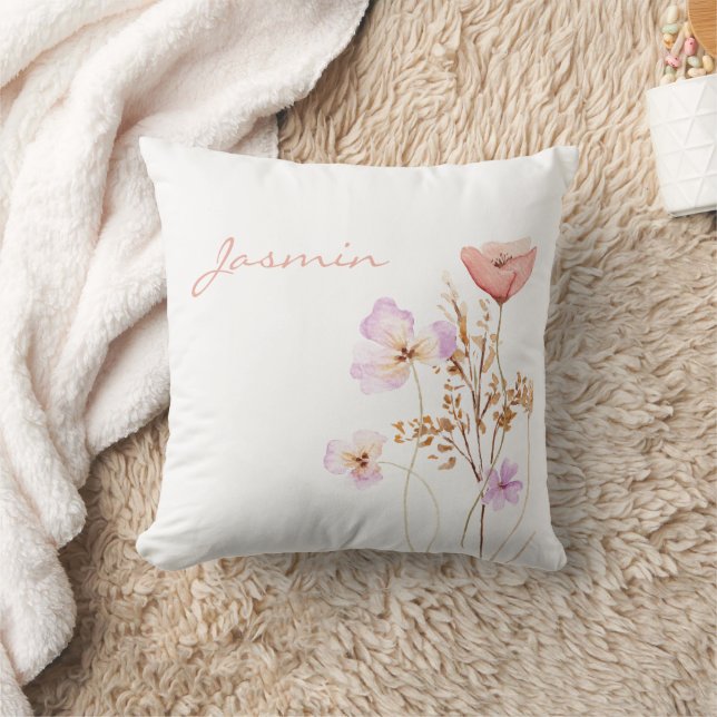 Whimsical Peach Lilac Wildflowers Name Throw Pillow (Blanket)