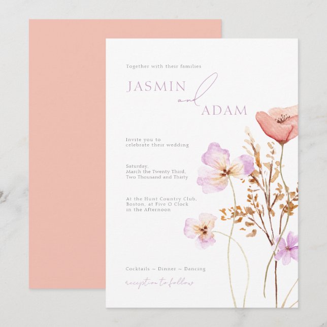 Whimsical Peach Lilac Wildflowers Wedding Invitation (Front/Back)