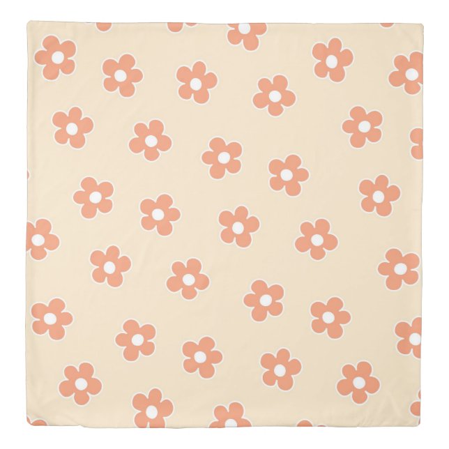 Whimsical Peach & Orange Floral Retro, Cheerful Duvet Cover (Front)