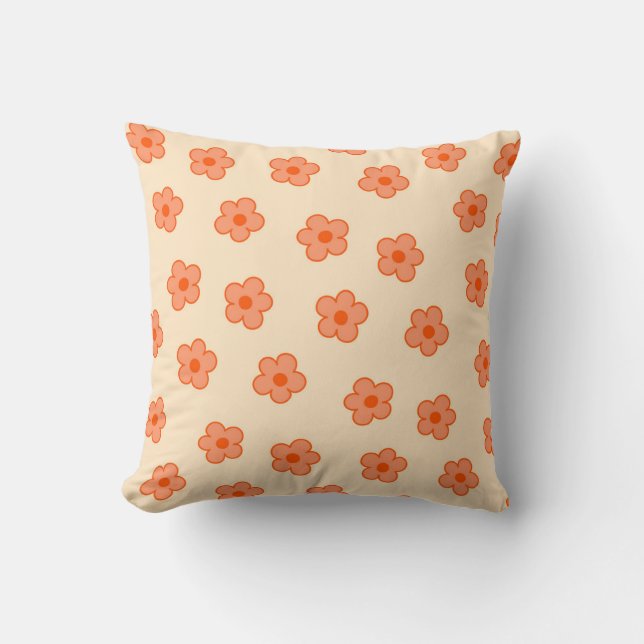 Whimsical Peach & Orange Floral Retro, Cheerful Throw Pillow (Front)