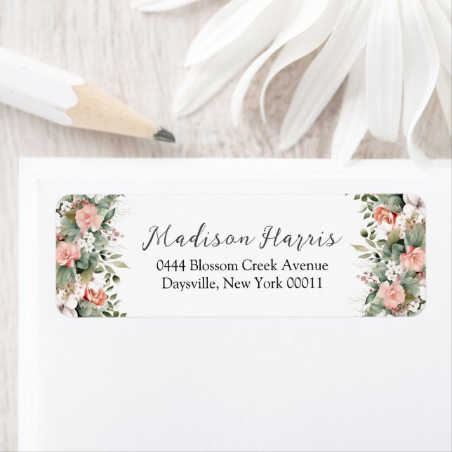 Whimsical Peach Sage Green Floral Wedding Label (Insitu)