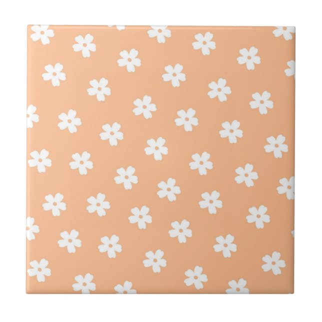 Whimsical Peach & White Floral Retro, Cheerful Ceramic Tile (Front)