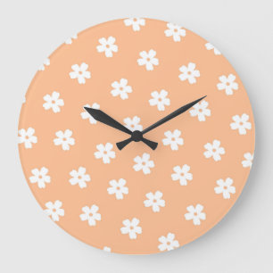 Whimsical Peach & White Floral Retro, Cheerful Large Clock