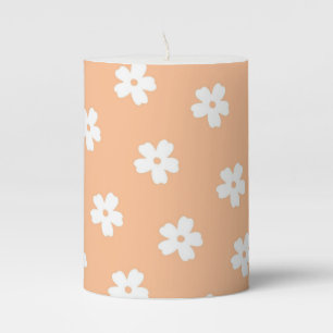 Whimsical Peach & White Floral Retro, Cheerful Pillar Candle