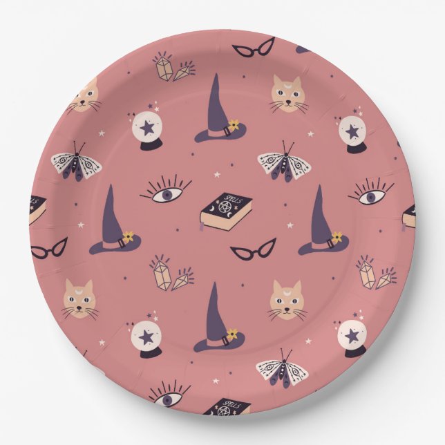 Whimsical peachy pink witch themed paper plate (Front)