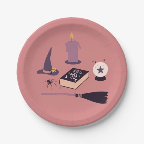 Whimsical peachy pink witch themed paper plate