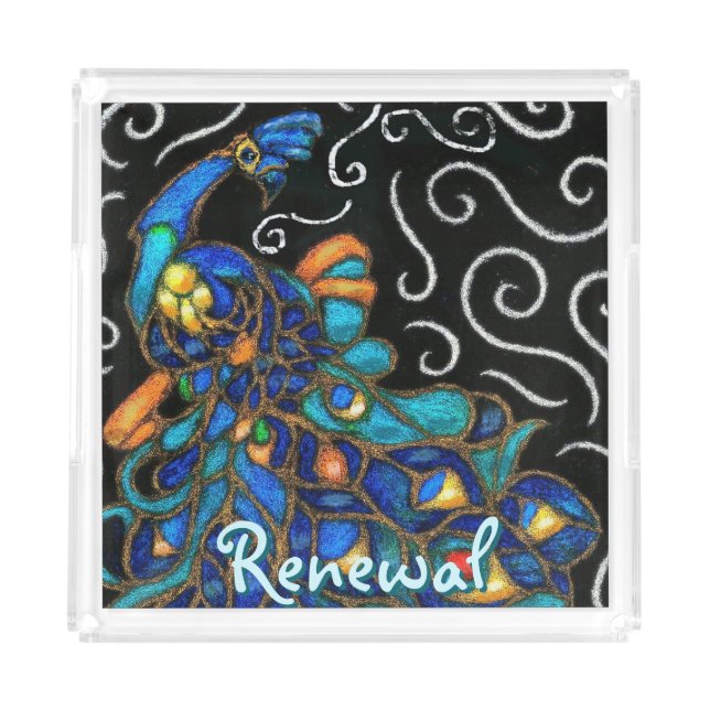 Whimsical Peacock Chalk Pastel Bird Personalized Acrylic Tray (Front)
