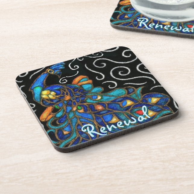 Whimsical Peacock Chalk Pastel Bird Personalized Beverage Coaster (Left Side)