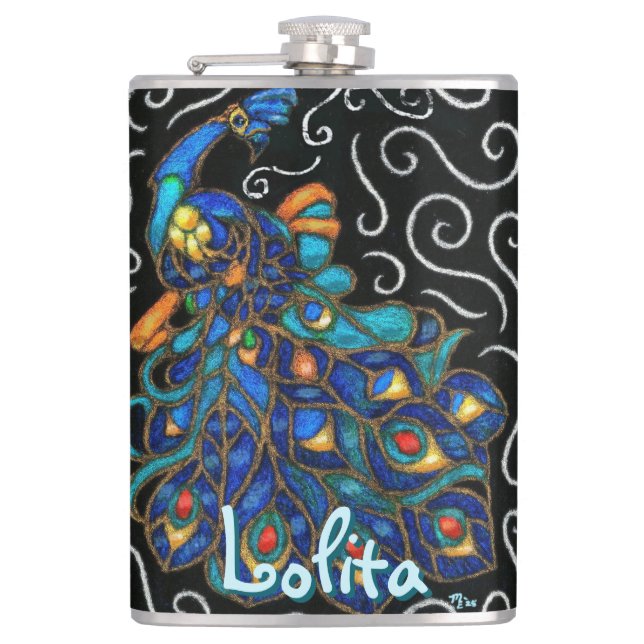 Whimsical Peacock Chalk Pastel Bird Personalized Flask (Front)