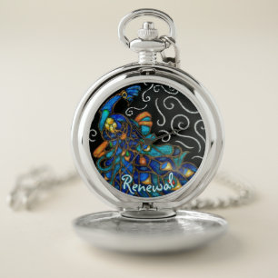 Whimsical Peacock Chalk Pastel Bird Personalized Pocket Watch