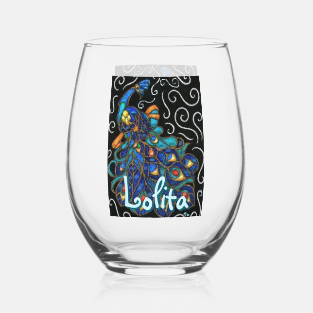 Whimsical Peacock Chalk Pastel Bird Personalized Stemless Wine Glass (Front)