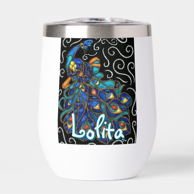 Whimsical Peacock Chalk Pastel Bird Personalized Thermal Wine Tumbler (Front)