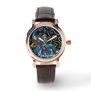 Whimsical Peacock Chalk Pastel Bird Personalized Watch
