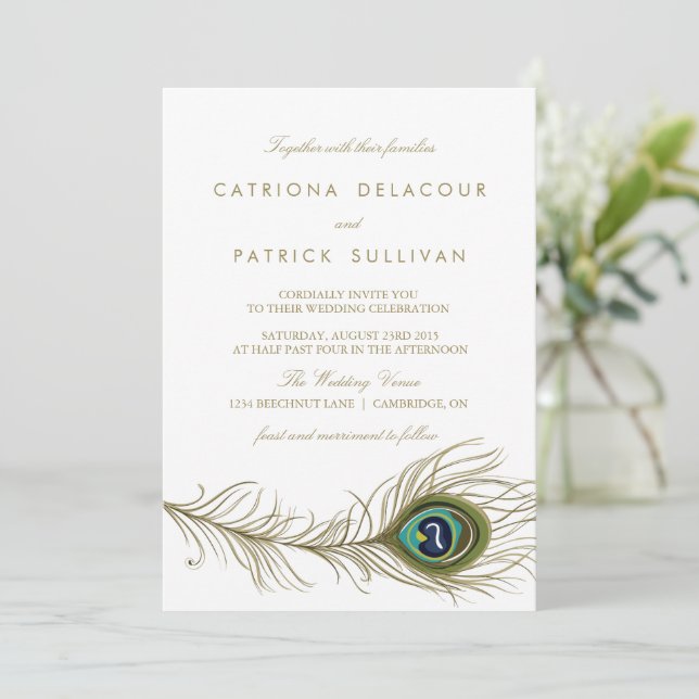 Whimsical Peacock Feather Art Deco Wedding Invitation (Standing Front)