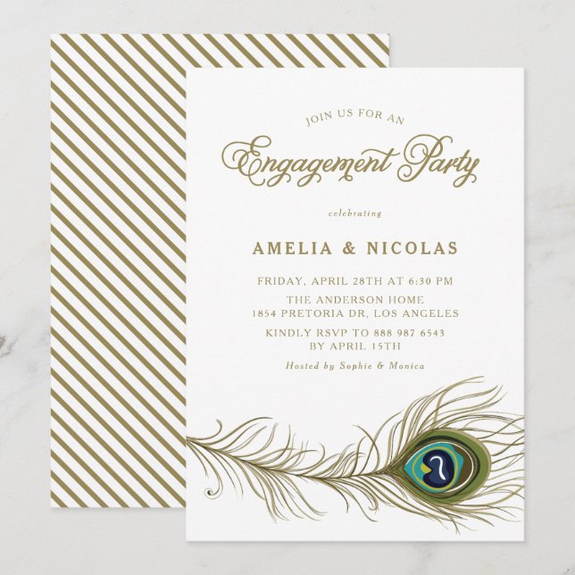 Whimsical Peacock Feather Engagement Party Invitation (Front/Back)