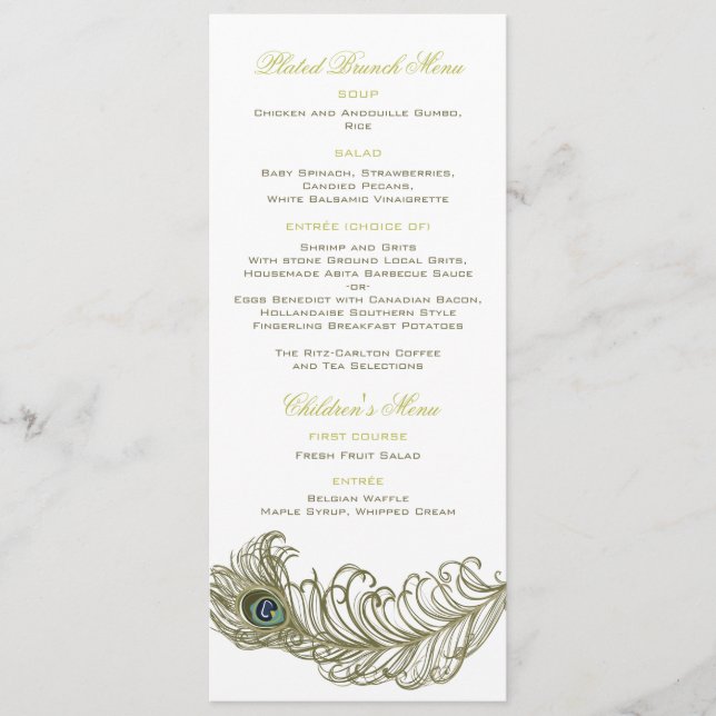 Whimsical Peacock Feather Menu Card (Front)