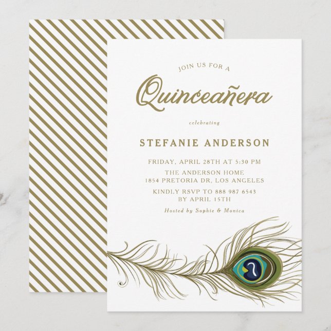 Whimsical Peacock Feather Quinceañera Invitation (Front/Back)