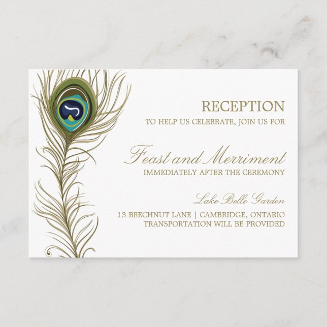 Whimsical Peacock Feather Reception Card (Front)