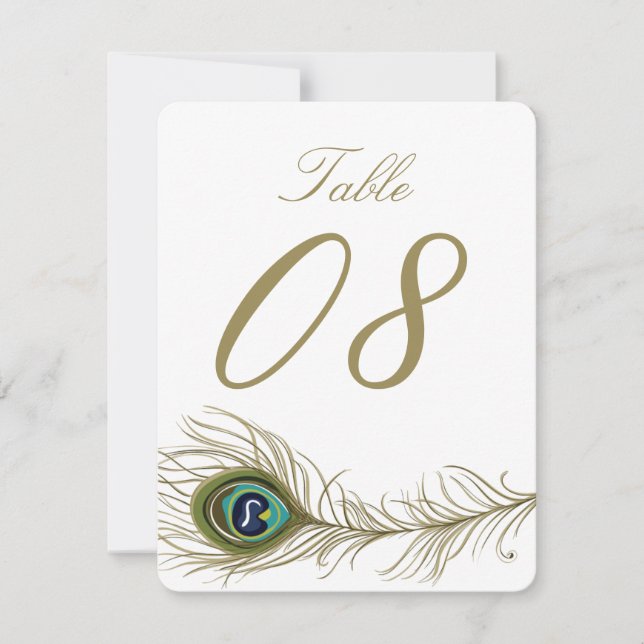 Whimsical Peacock Feather Table Number Card (Front)