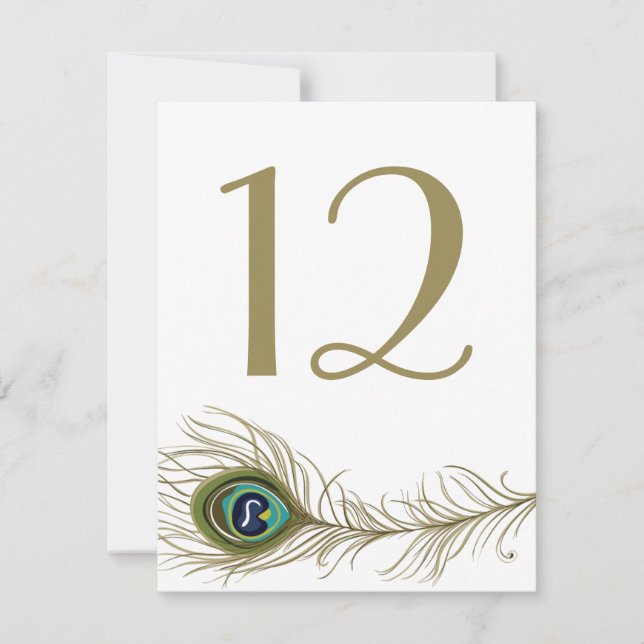Whimsical Peacock Feather Table Number Card (Front)