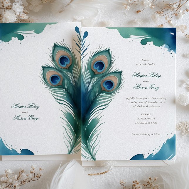 Whimsical Peacock Feather Watercolor Wedding Invitation (Creator Uploaded)