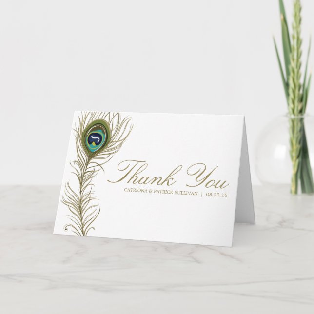 Whimsical Peacock Feather Wedding Thank You Card (Front)