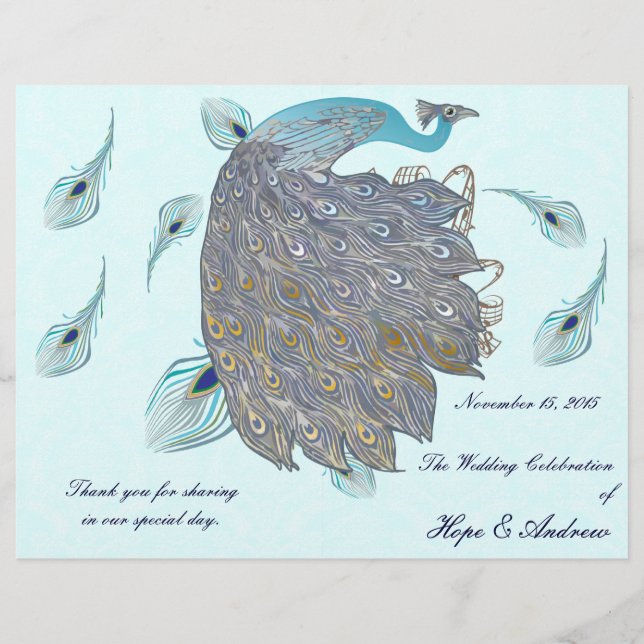 Whimsical Peacock Feathers Wedding Program (Front)