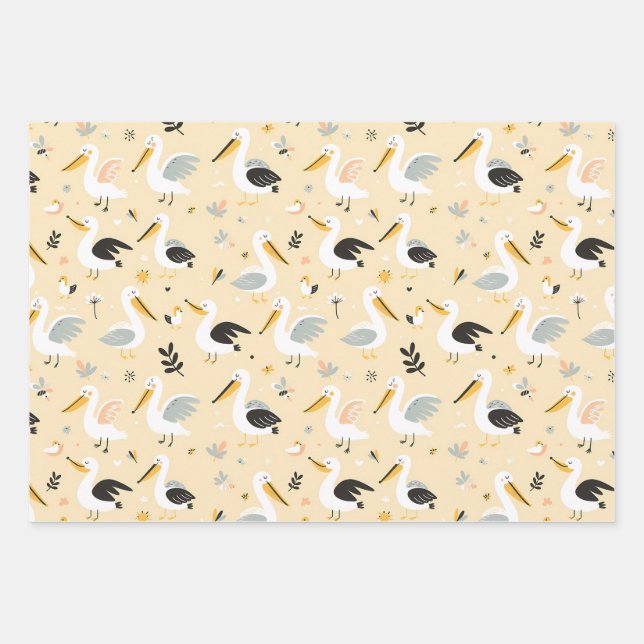 Whimsical Pelican Paradise Wrapping Paper Sheets (Front)