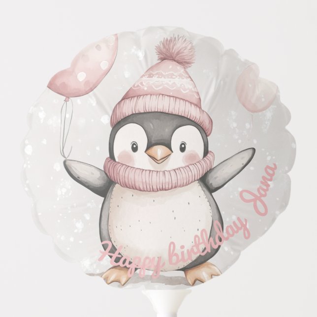 Whimsical Penguin Birthday | Vintage Pink Balloon (Front)