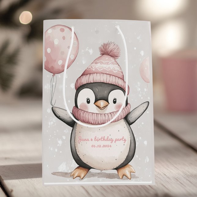 Whimsical Penguin Birthday  | Vintage Pink Medium Gift Bag (Creator Uploaded)