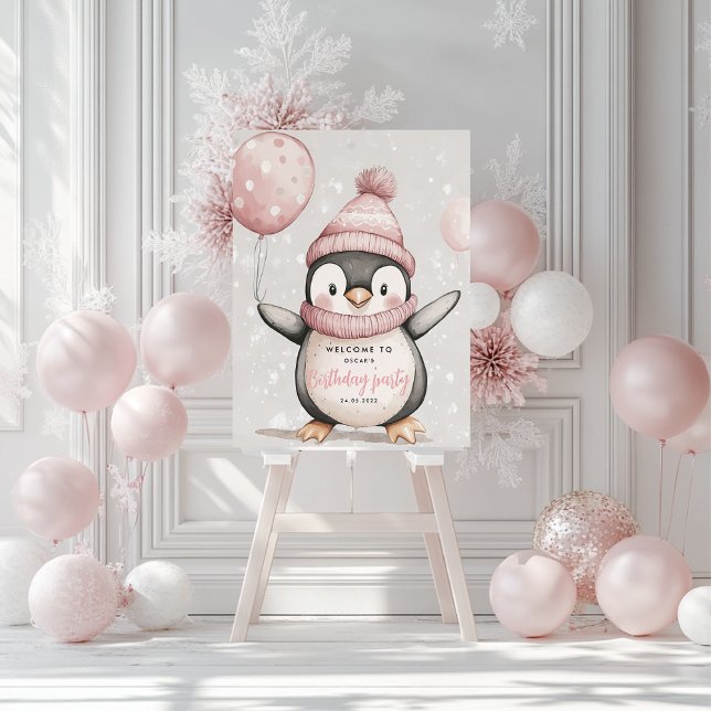 Whimsical Penguin Birthday Welcome | Vintage Pink Foam Board (Creator Uploaded)