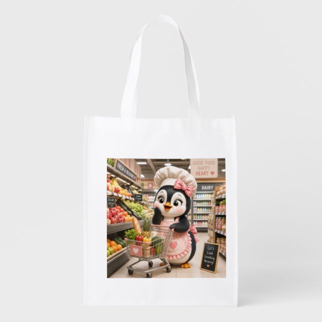 Whimsical Penguin Chef Reusable Grocery Bag (Front)