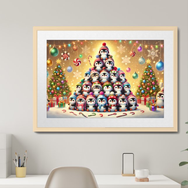 Whimsical Penguin Christmas Tree Illustration  Framed Art (Home Office)