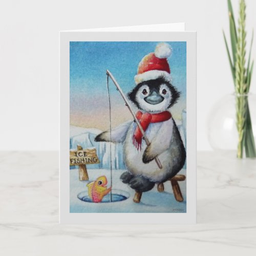 Whimsical Penguin Ice Fishing Watercolor Art Card