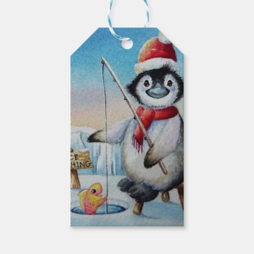 Whimsical Penguin Ice Fishing Watercolor Art Gift Tags