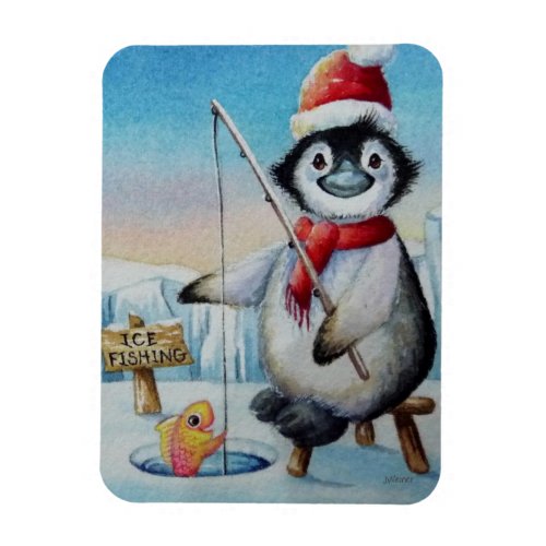 Whimsical Penguin Ice Fishing Watercolor Art Magnet