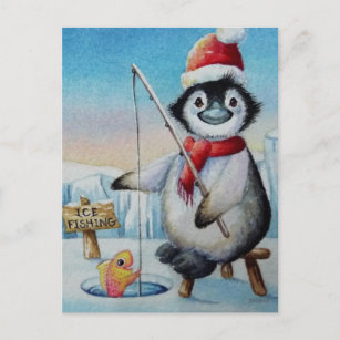Whimsical Penguin Ice Fishing Watercolor Art Postcard