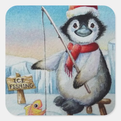 Whimsical Penguin Ice Fishing Watercolor Art Square Sticker