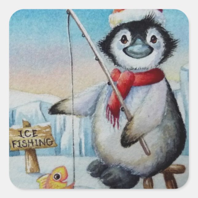 Whimsical Penguin Ice Fishing Watercolor Art Square Sticker (Front)