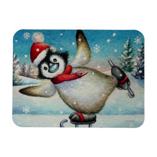 Whimsical Penguin Ice Skating Watercolor Art Magnet