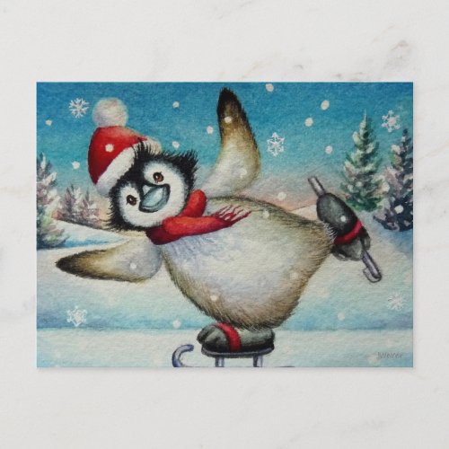 Whimsical Penguin Ice Skating Watercolor Art Postcard