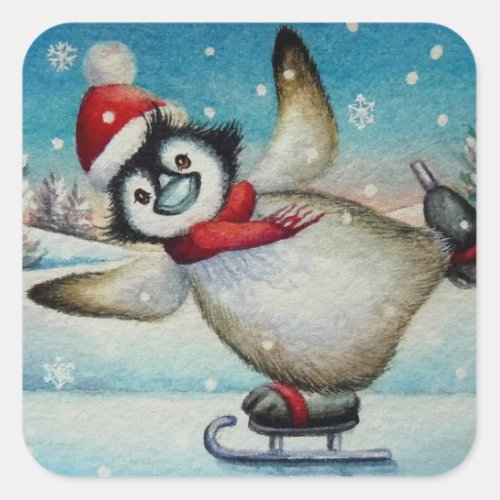 Whimsical Penguin Ice Skating Watercolor Art Square Sticker