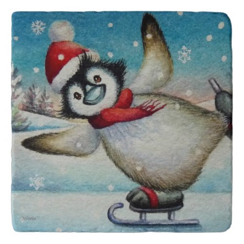 Whimsical Penguin Ice Skating Watercolor Art Trivet